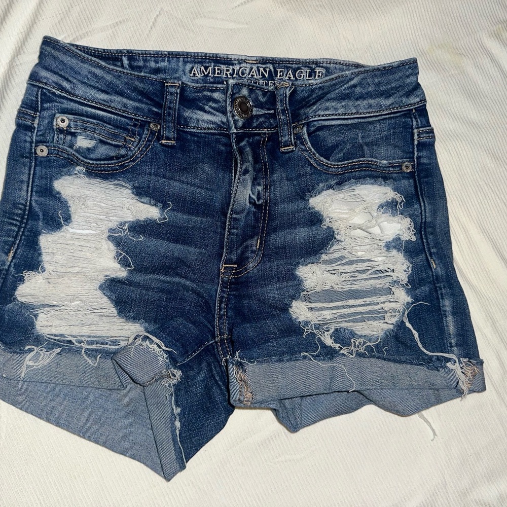 American Eagle Outfitters Women's Ripped Dark Blue Jean Shorts